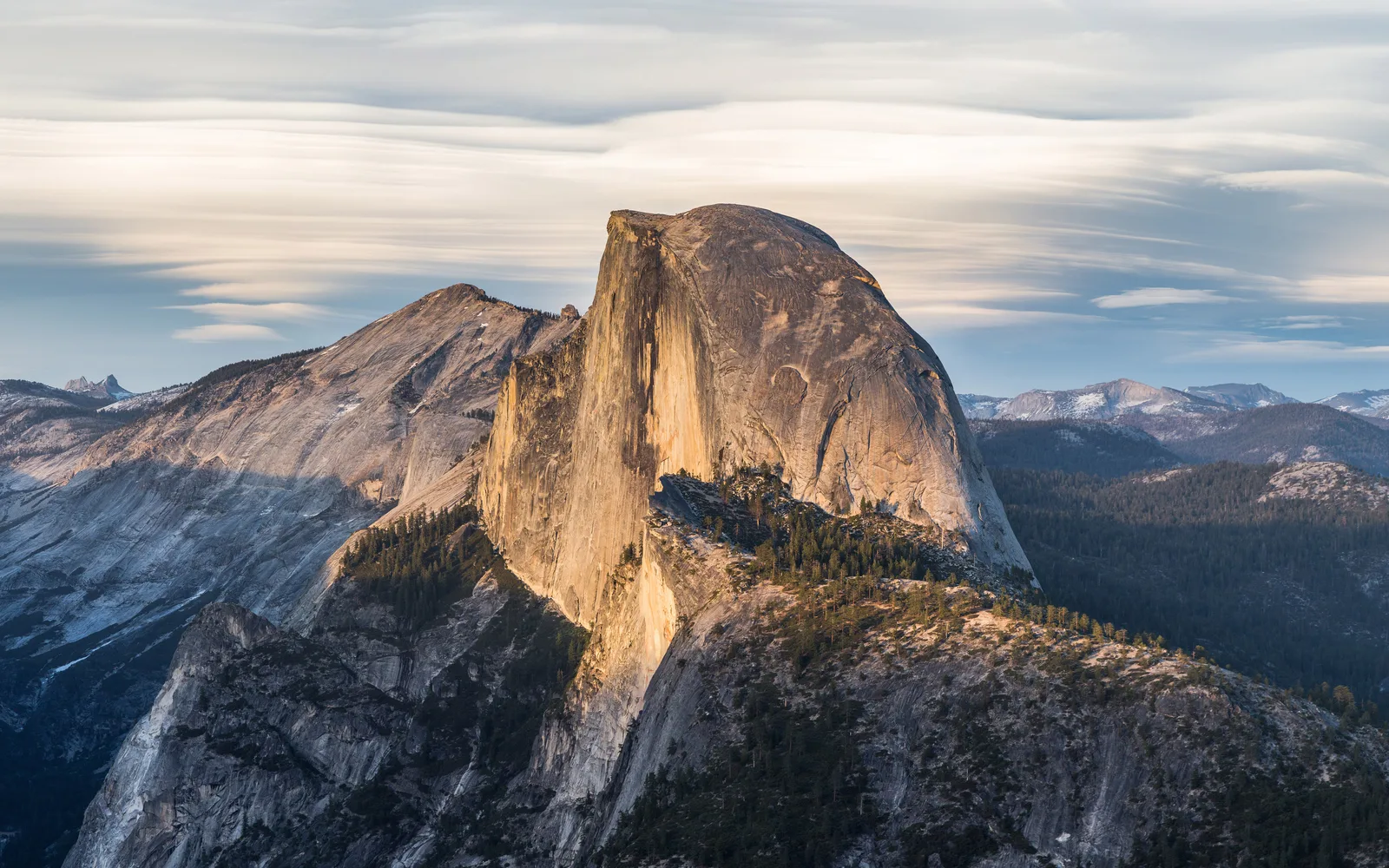 Half Dome granite formation rising above Yosemite Valley, viewed from Glacier Point
