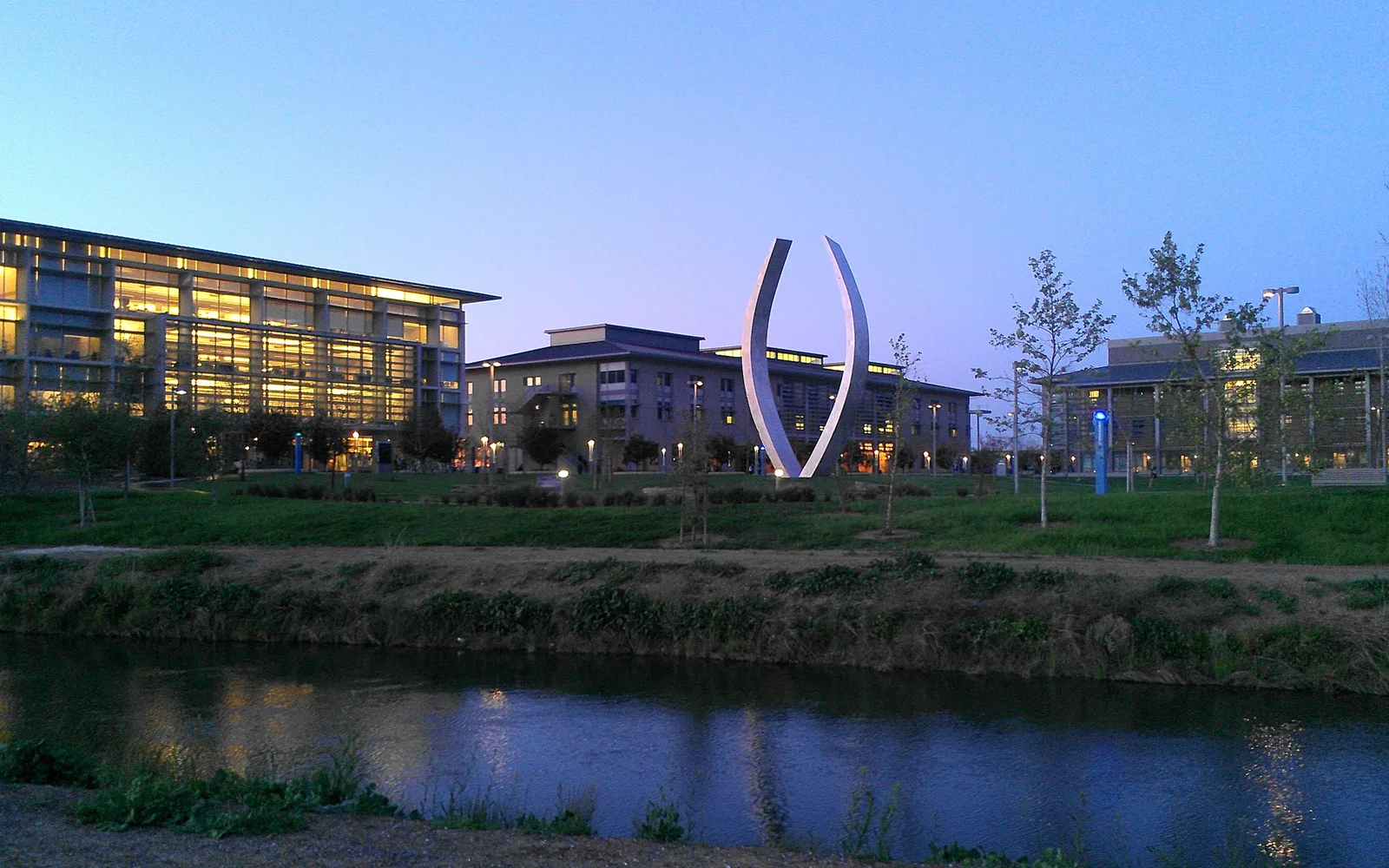 UC Merced campus buildings illuminated at night